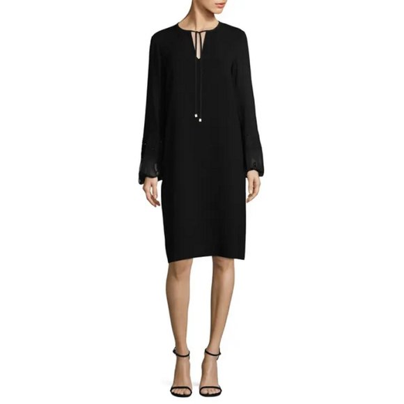 LAFAYETTE 148 NEW YORK Eli Embroidered Cuff Chiffon Black Dress New M - Picture 1 of 4